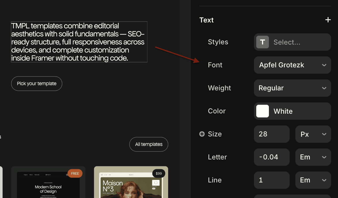 How to Change Fonts in Framer directly on a text element