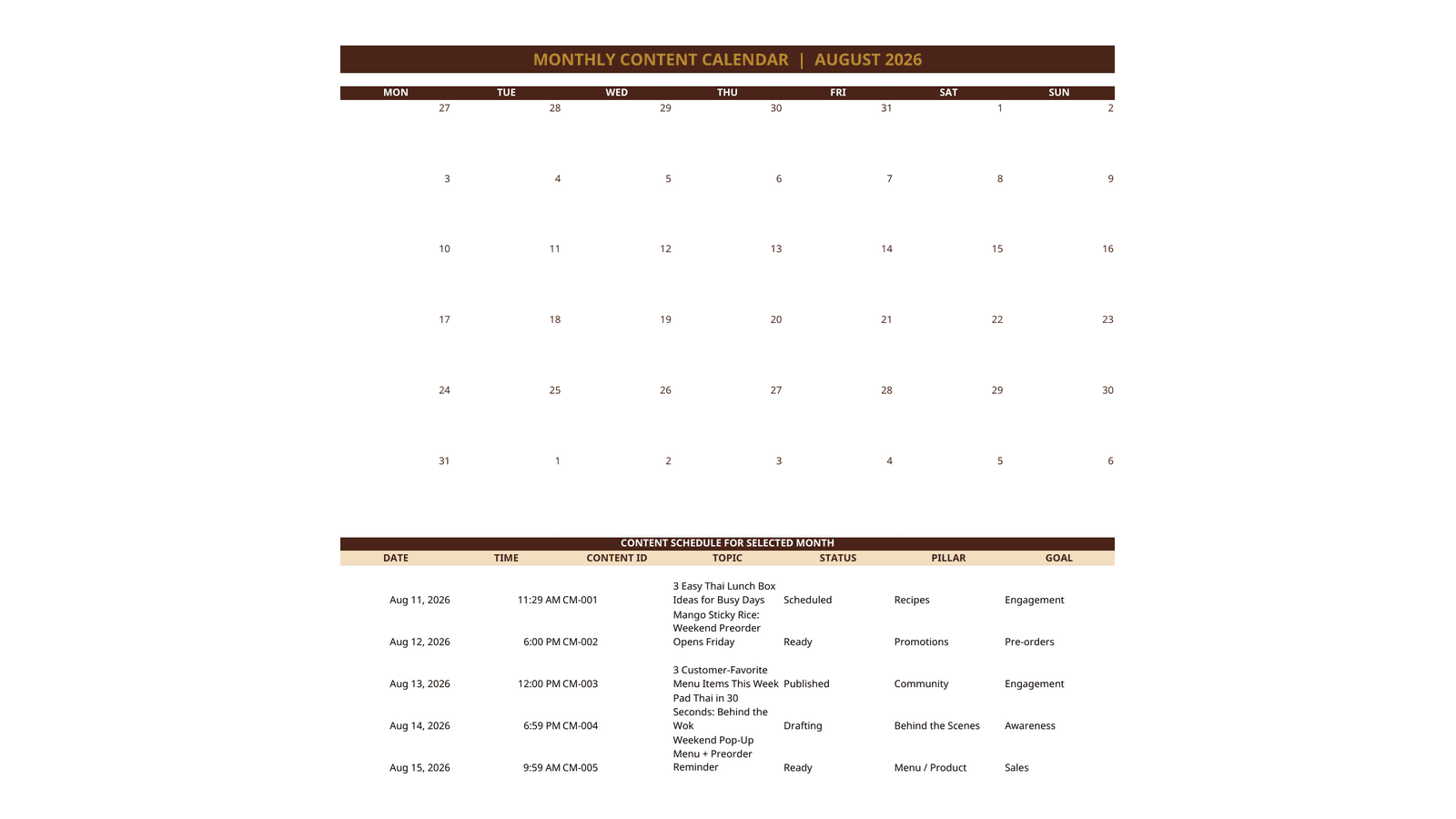 Cherry Maple Monthly Calendar Excel worksheet.