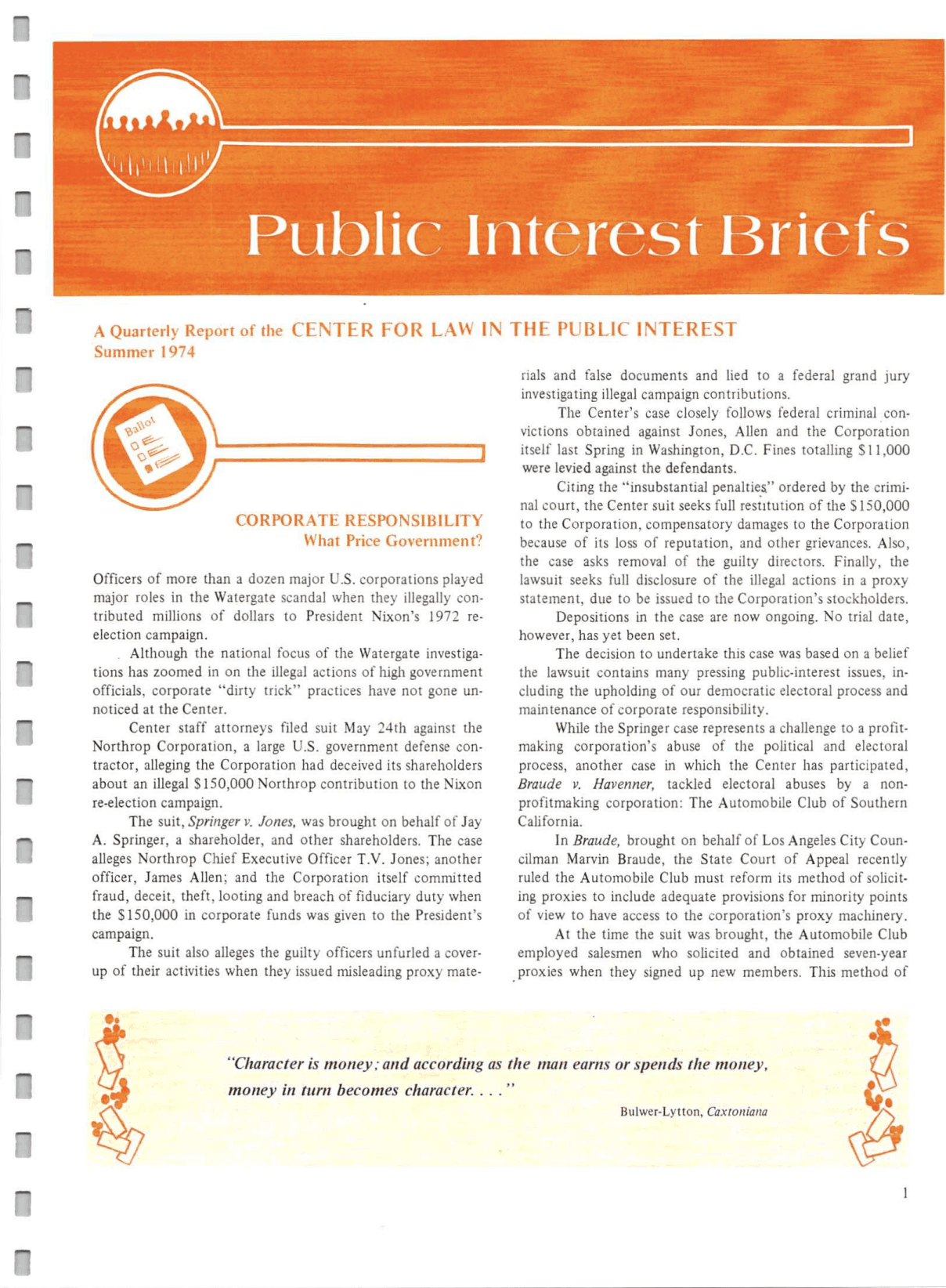 Cover of Center for Law In The Public Interest's Quarterly Report, Summer 1974 Edition Public Interest Briefs