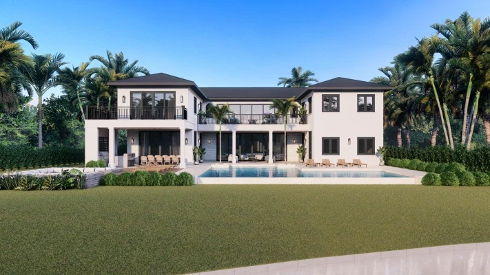 Rear view of two-story luxury estate with large private pool and tropical landscaping, Miami Florida