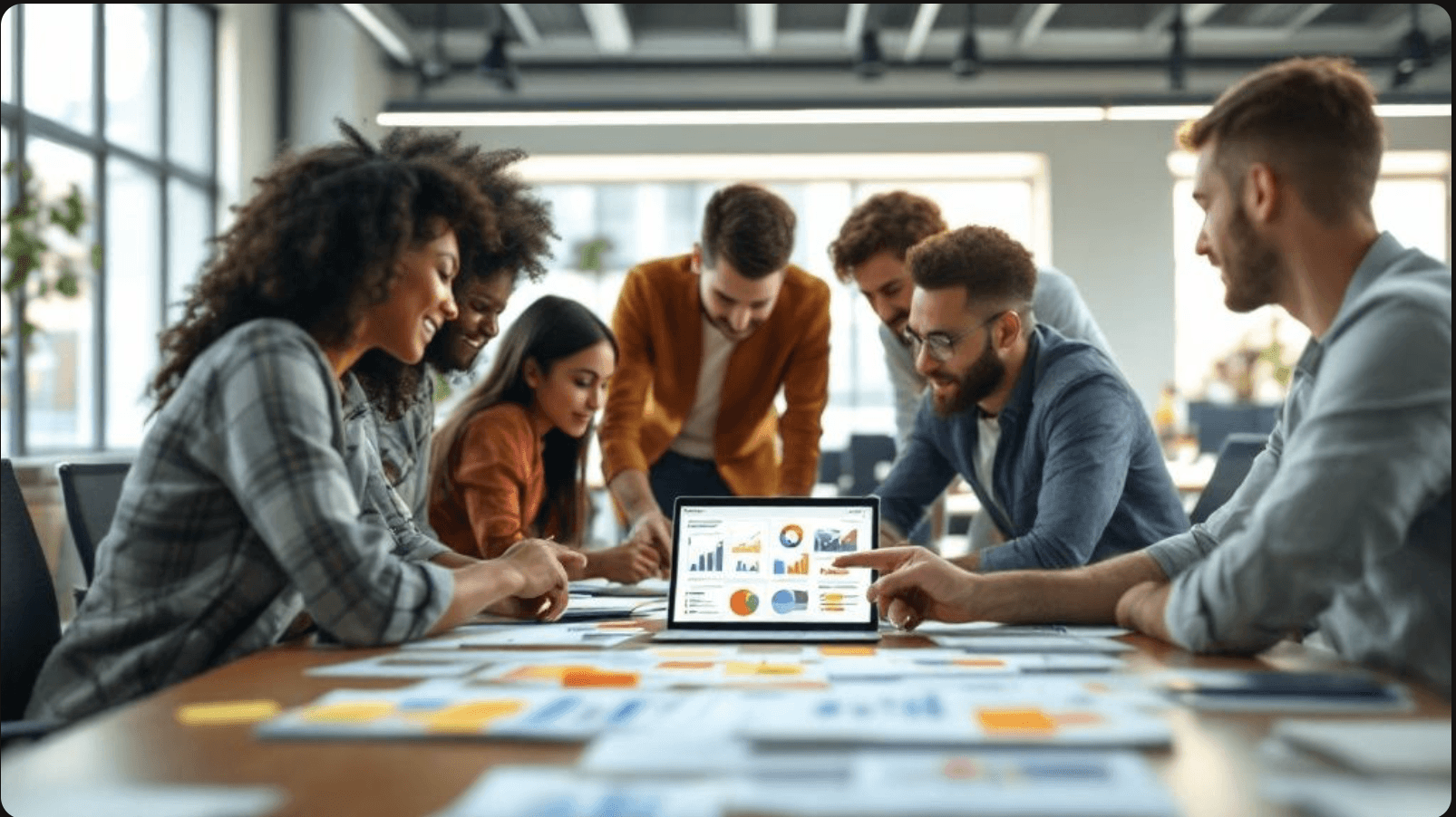 Creative team gathered around a table reviewing colorful charts and graphs on a laptop, engaged in discussion within a modern, sunlit office space