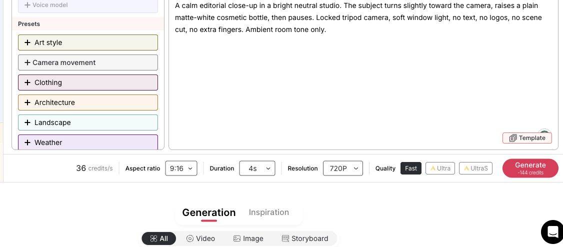 APOB Invite de test « texte vers vidéo » avec qualité « Rapide », durée de quatre secondes, résolution 720p et affichage du solde de crédits