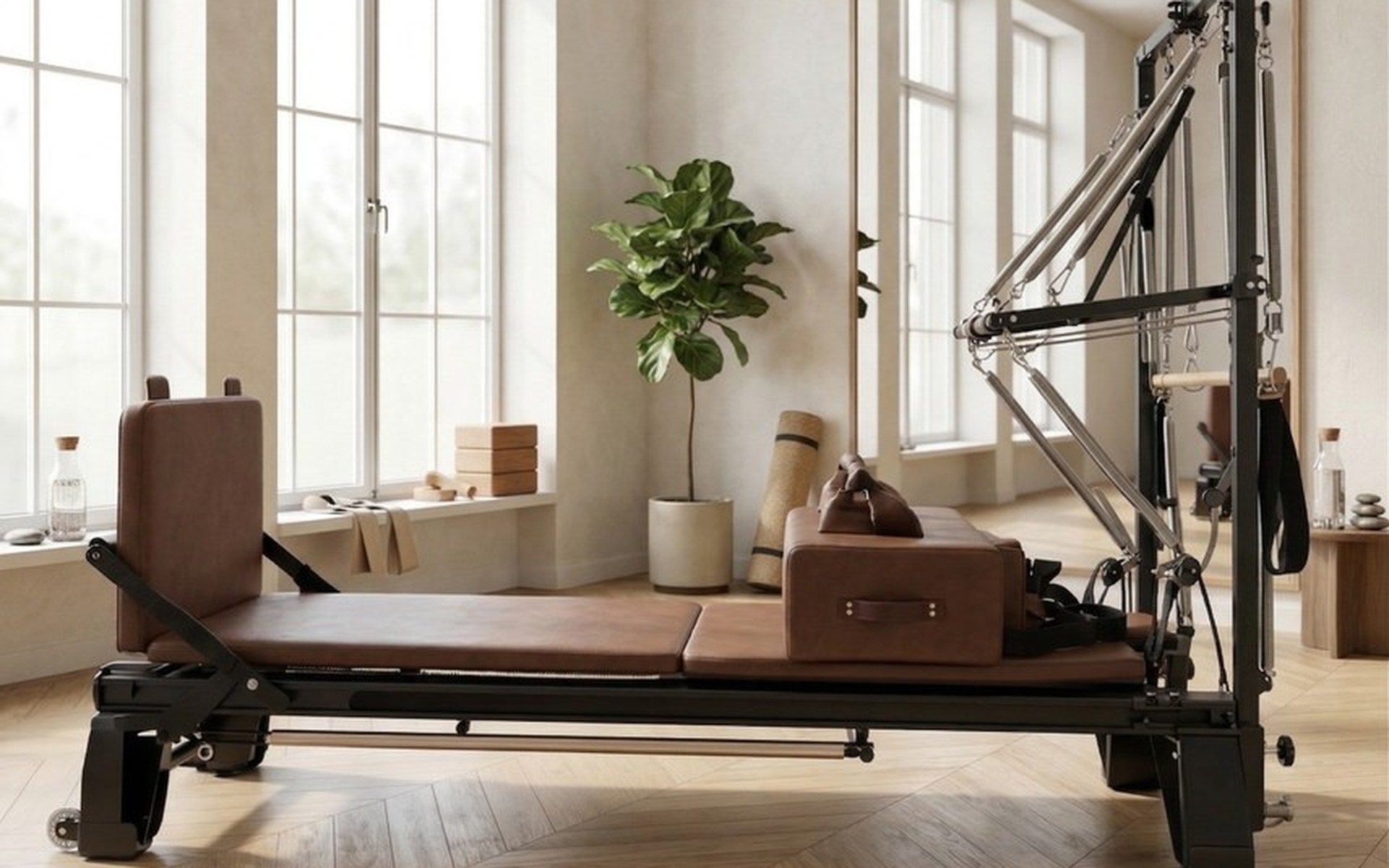 Pilates Reformer Demi-Tour Compact — Aluminium, reformer avec demi-tour en aluminium dans un studio de Pilates professionnel
