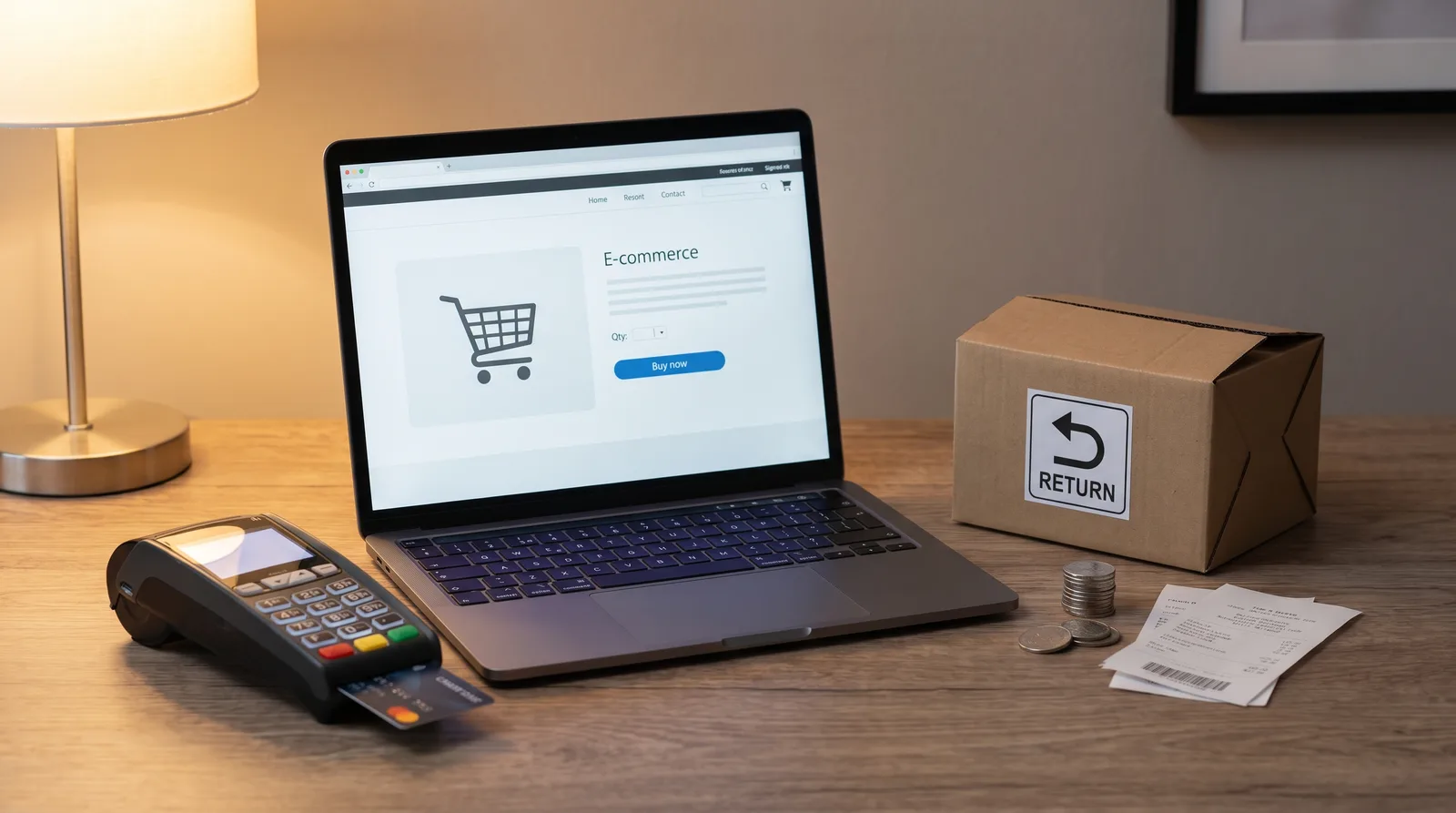 What Returns Policy a UAE Online Store Must Offer beside an online store on a laptop and a card payment terminal