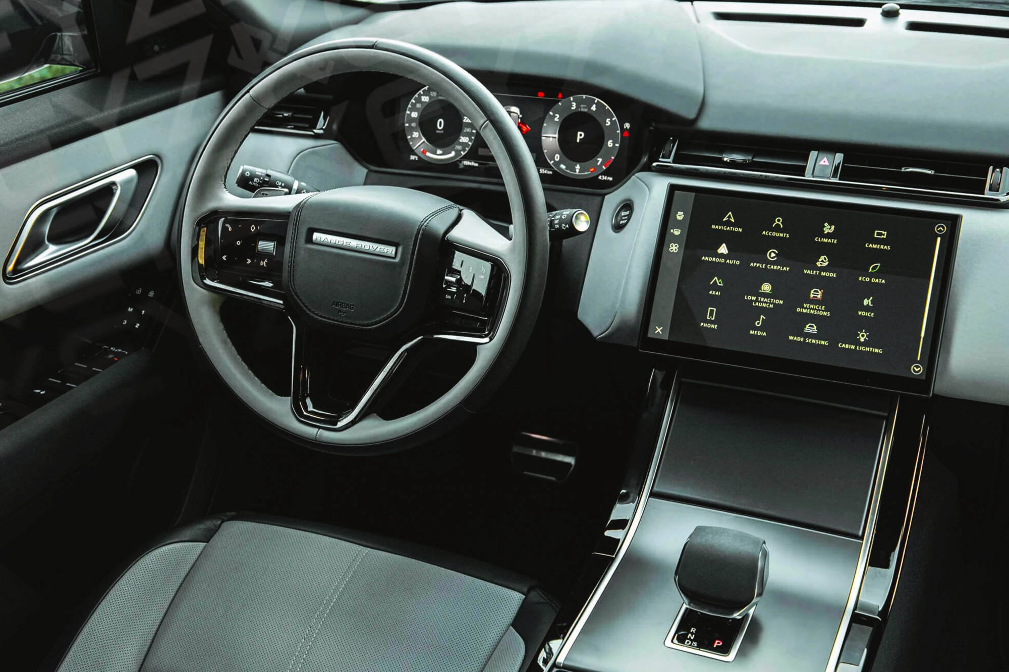 Vue interieur Range Rover Velar Gris – Location SUV à Dubaï | Keyz Rent