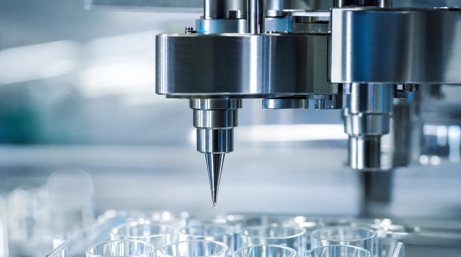 Steel machining head and CNC tooling on a clean production line, reflecting robotics branding for tech companies.