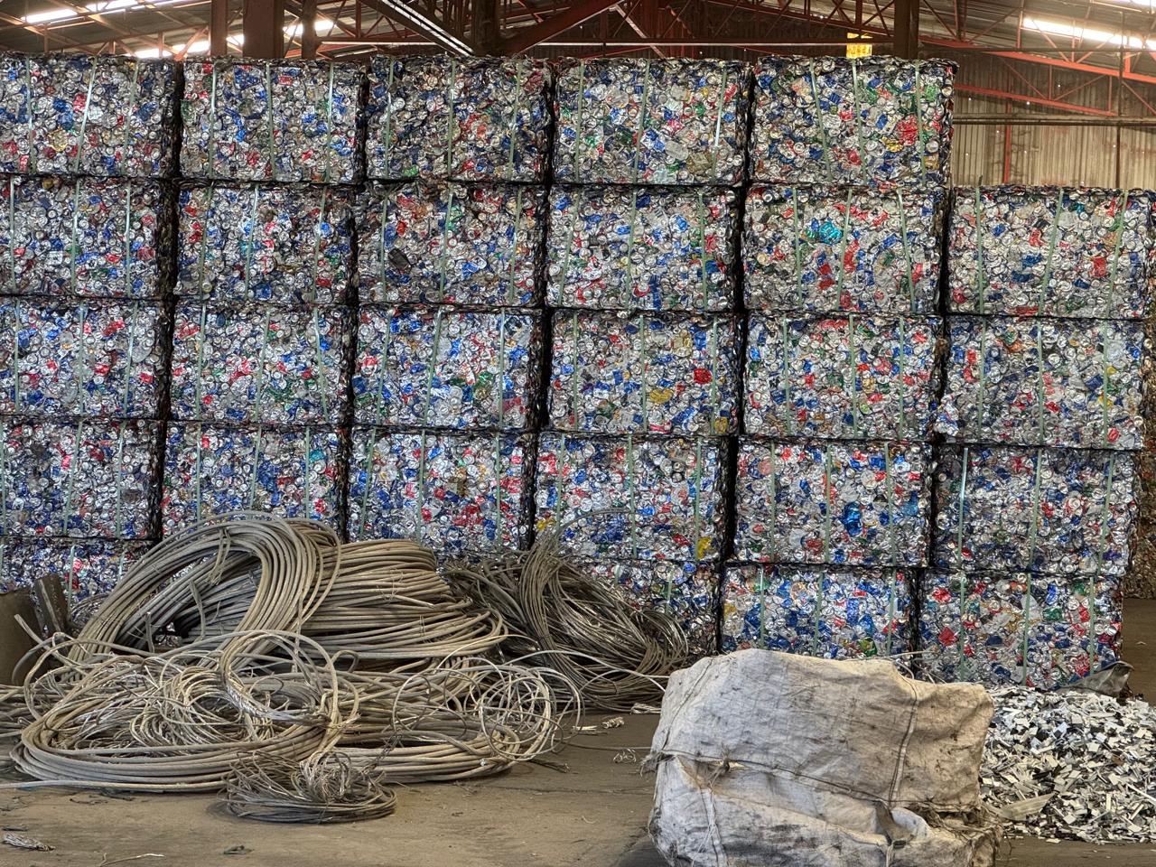 Tilted close-up of baled used aluminium cans