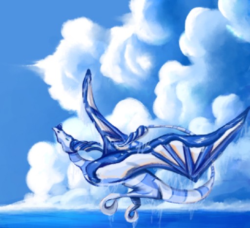 A blue, see-through dragon swooping through summer clouds, dragon drawing by smorpythecat