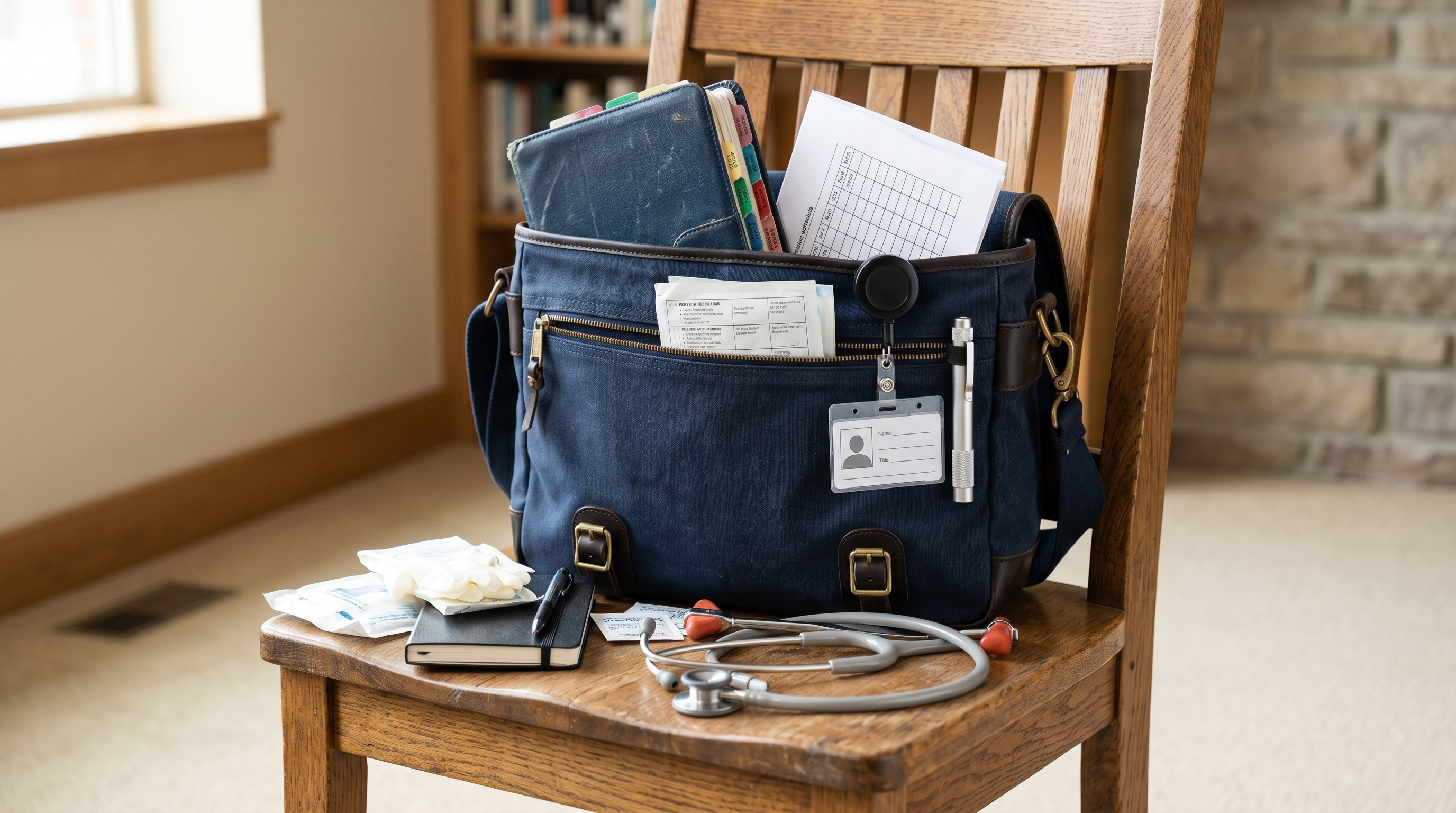Clinical rotation bag with pocket book and folded schedule