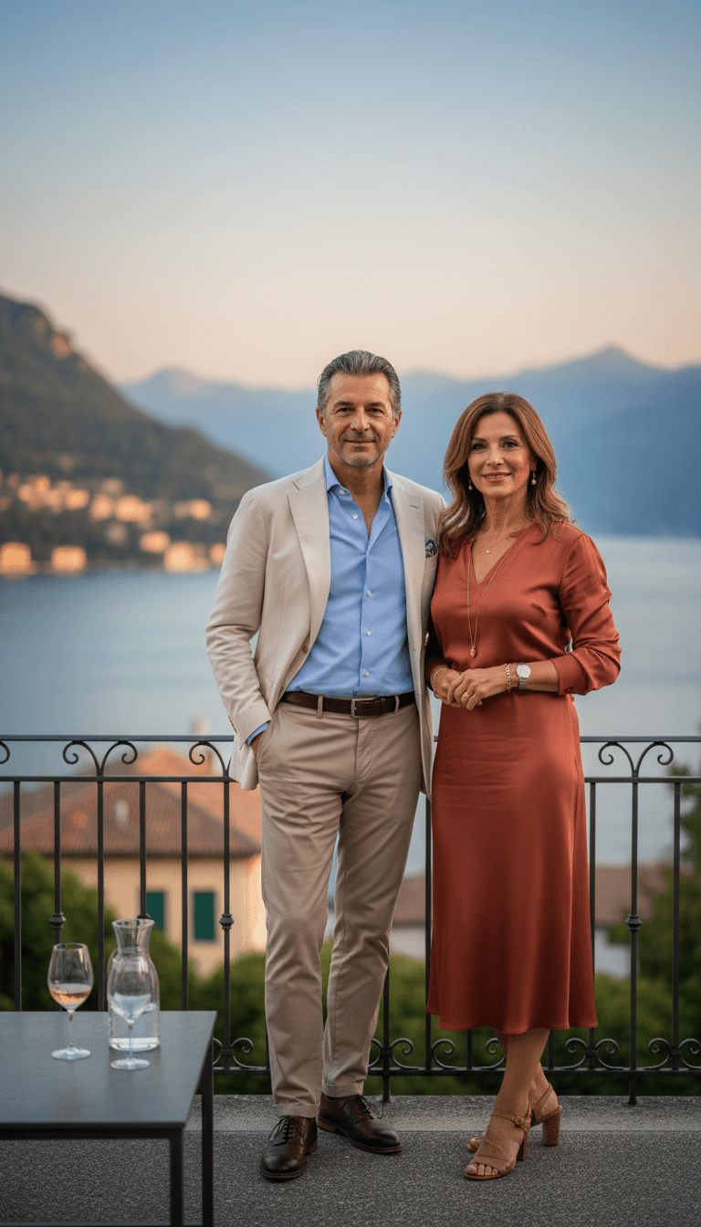 una coppia fotograta sul balcone della loro casa sul lago di como