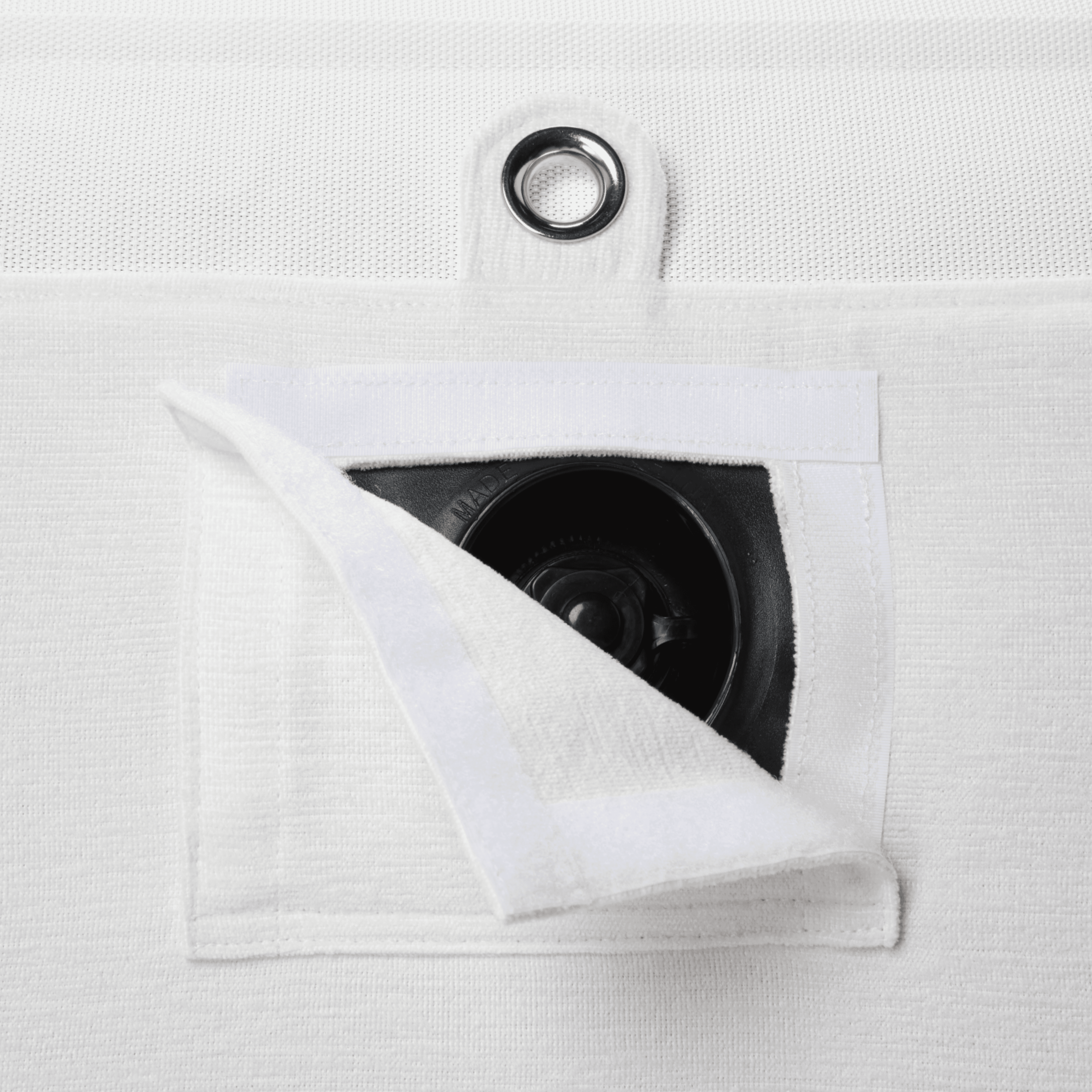 Close-up of pool float showing white chenille weave, inflation valve, and white hardware