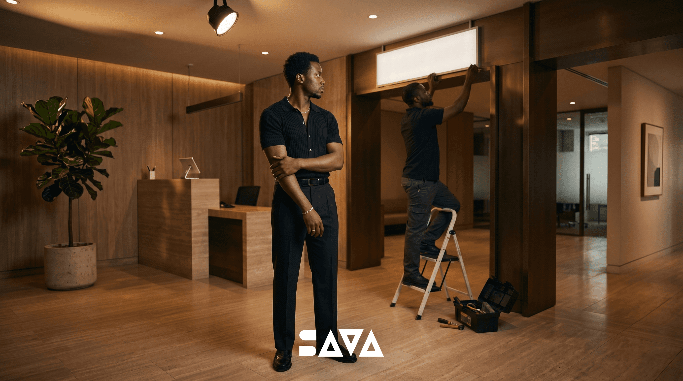 A founder stands in the lobby while a new location is fitted out behind him