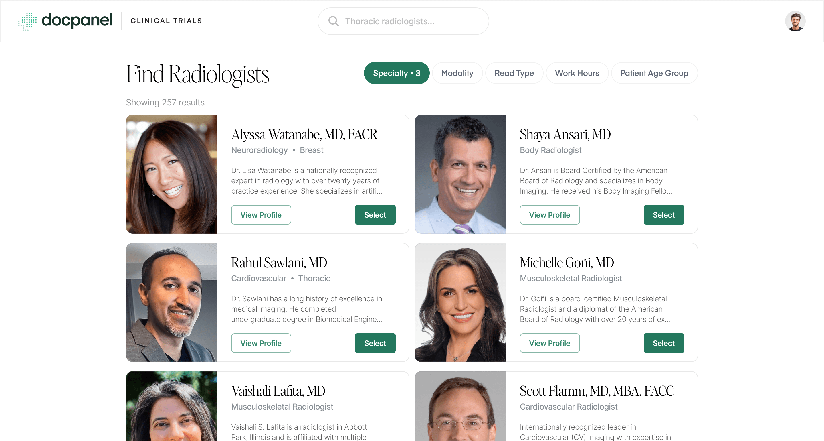 DocPanel Clinical Trials interface listing subspecialty radiologists with profiles and specialties