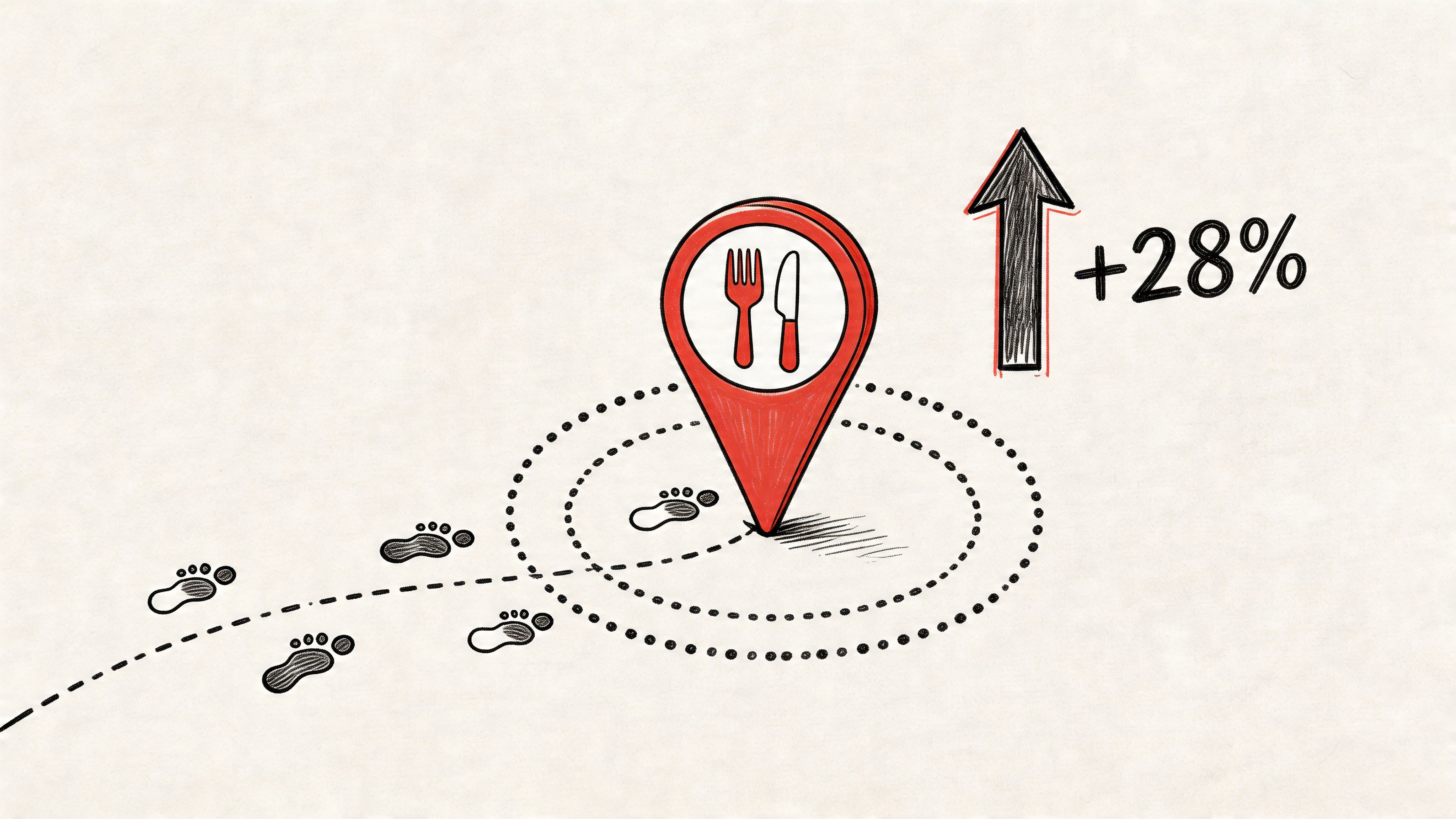 A hand-drawn illustration showing a red location pin with cutlery and a positive growth arrow indicating 28 percent.