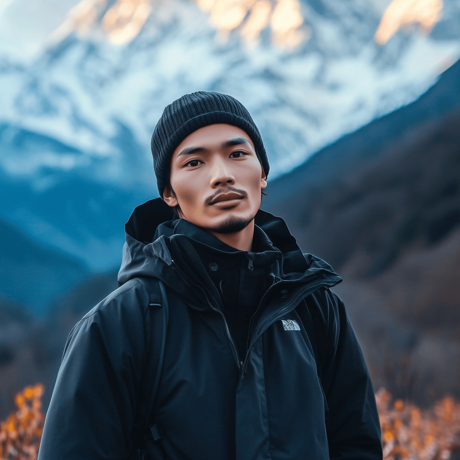 Man in black beanie and jacket with snowy mountains