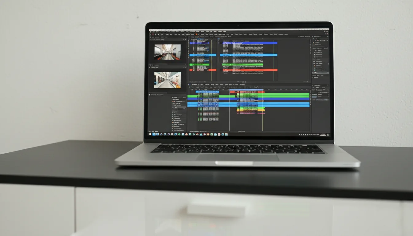 DSLR photo, eye-level shot of a silver MacBook Pro laptop on a modern desk, the screen brightly displaying the Adobe Premiere Pro video editing software in dark mode. The UI features a complex timeline with colorful clips, multiple preview windows, and tool panels. The laptop sits on a black surface against a plain, off-white textured wall, with a glossy white surface in the blurred foreground. Natural daylight, soft even lighting, shallow depth of field with sharp focus on the laptop screen and keyboard.