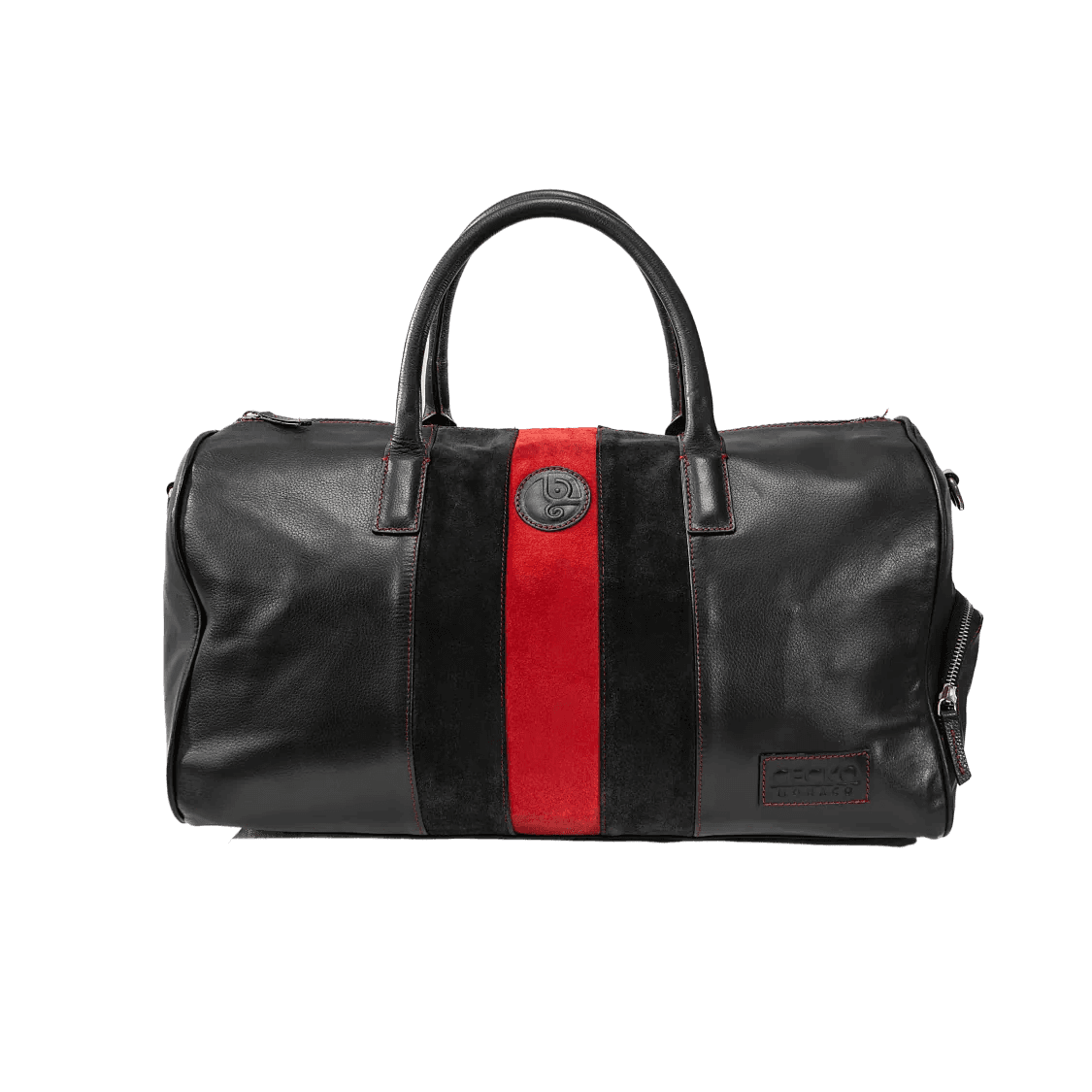 Black leather duffel bag with a red stripe on a white background