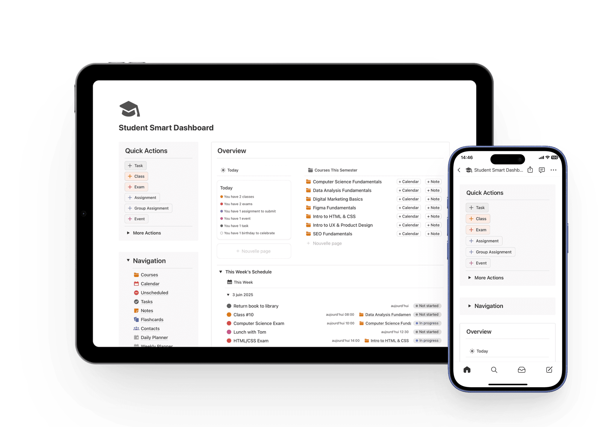An iPad and an iPhone both showing the home page of the Student Smart Dashboard Notion template