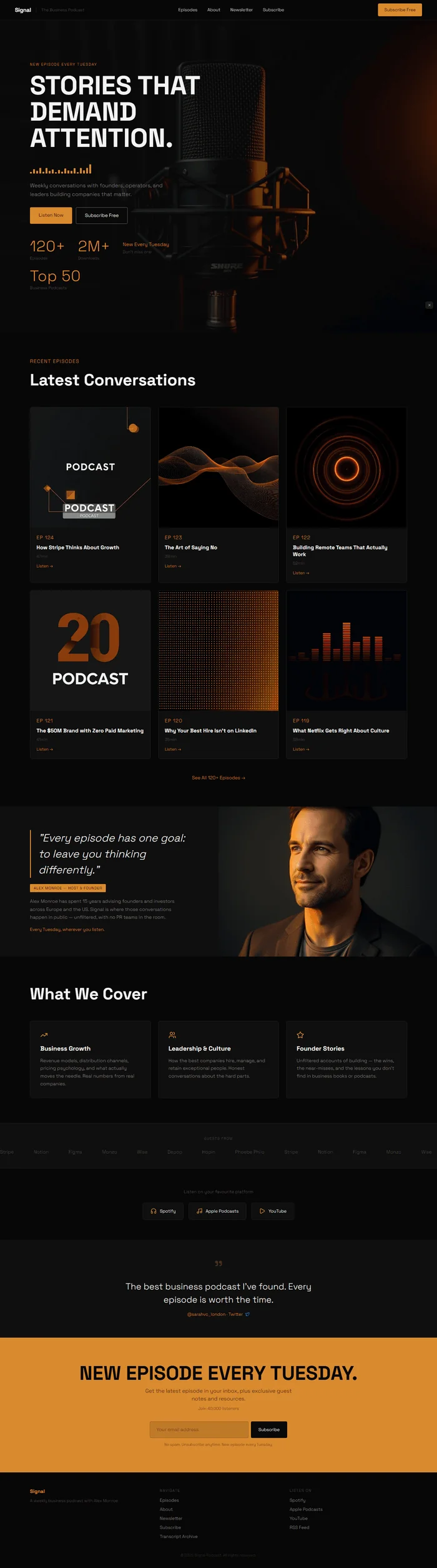 Full preview of a near-black business podcast website with electric amber accents and an animated SVG audio waveform in the hero. Space Grotesk 700 headlines, an episode grid, and a full-width email subscription CTA give the site a credible, editorial feel.