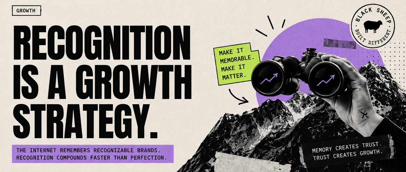 Recognition growth framework showing how memorability, trust, and consistency contribute to long-term brand growth.