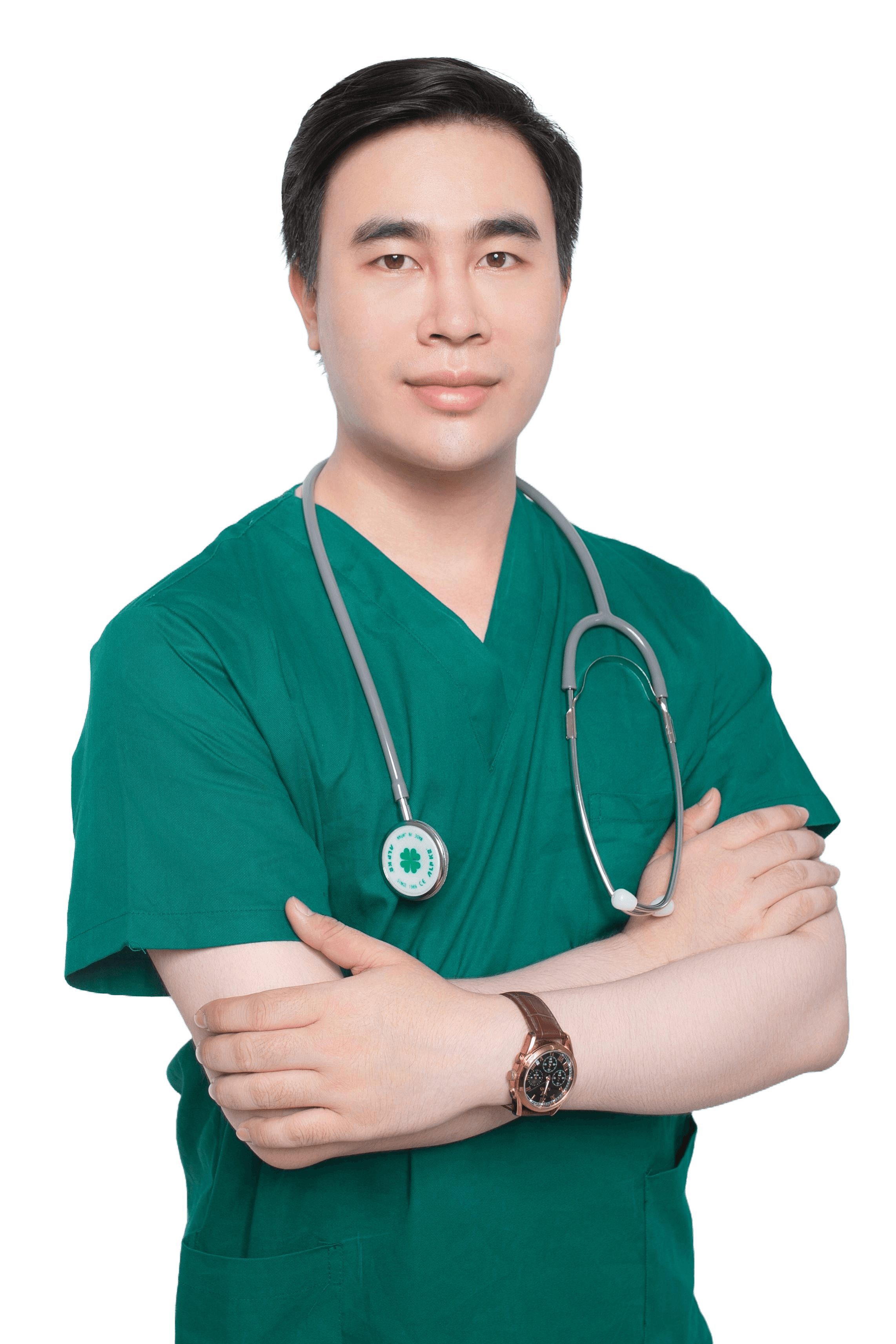 A male doctor with arms crossed