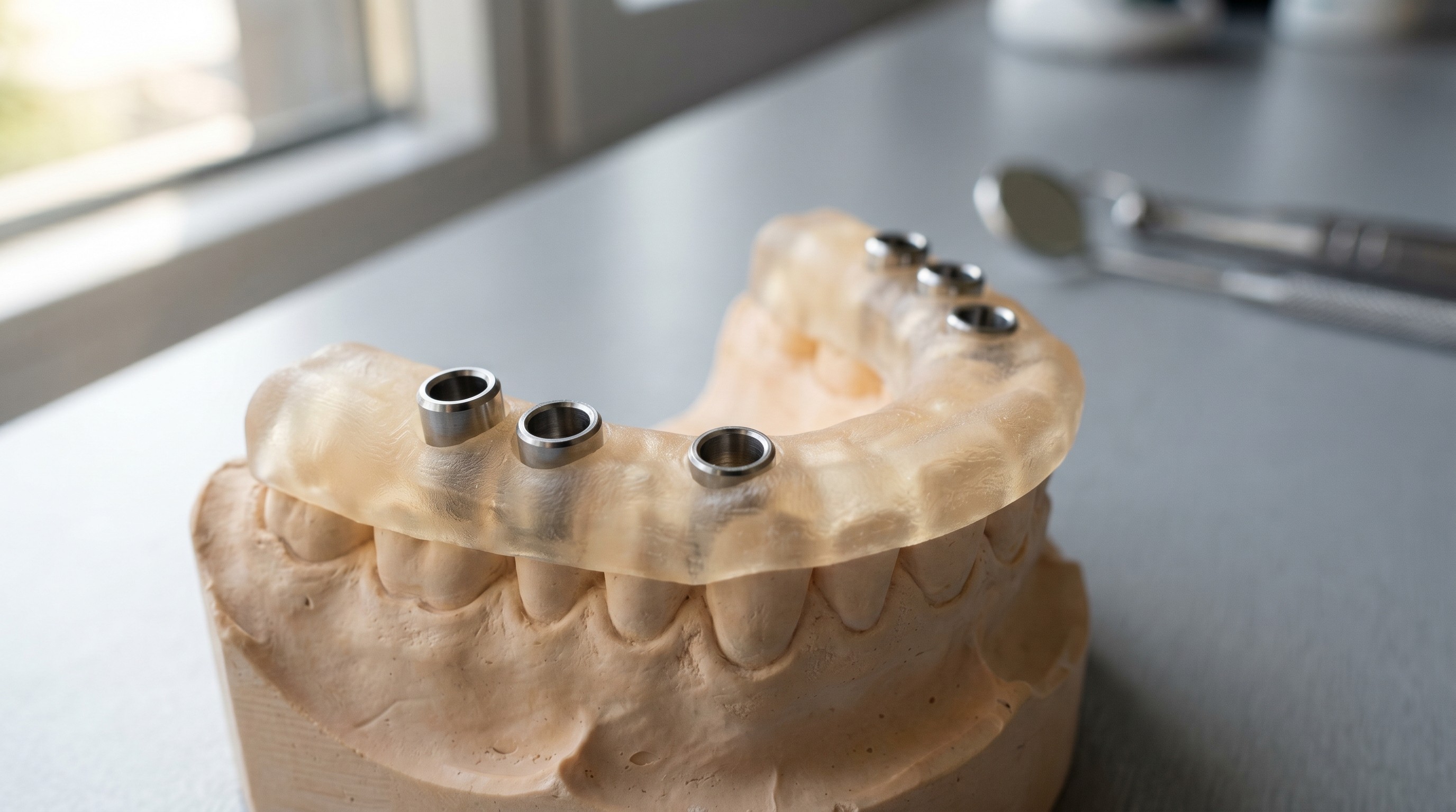 Translucent 3D-printed dental surgical guide with metal drill sleeves resting on an upper-jaw stone model