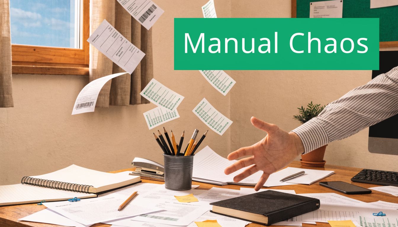 A workspace showing a person reaching out amidst scattered documents, symbolizing manual office work challenges.