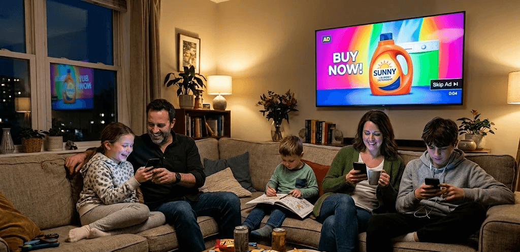 A family busy with their devices talking while a tv is running behind with an advertisement that is being ignored.