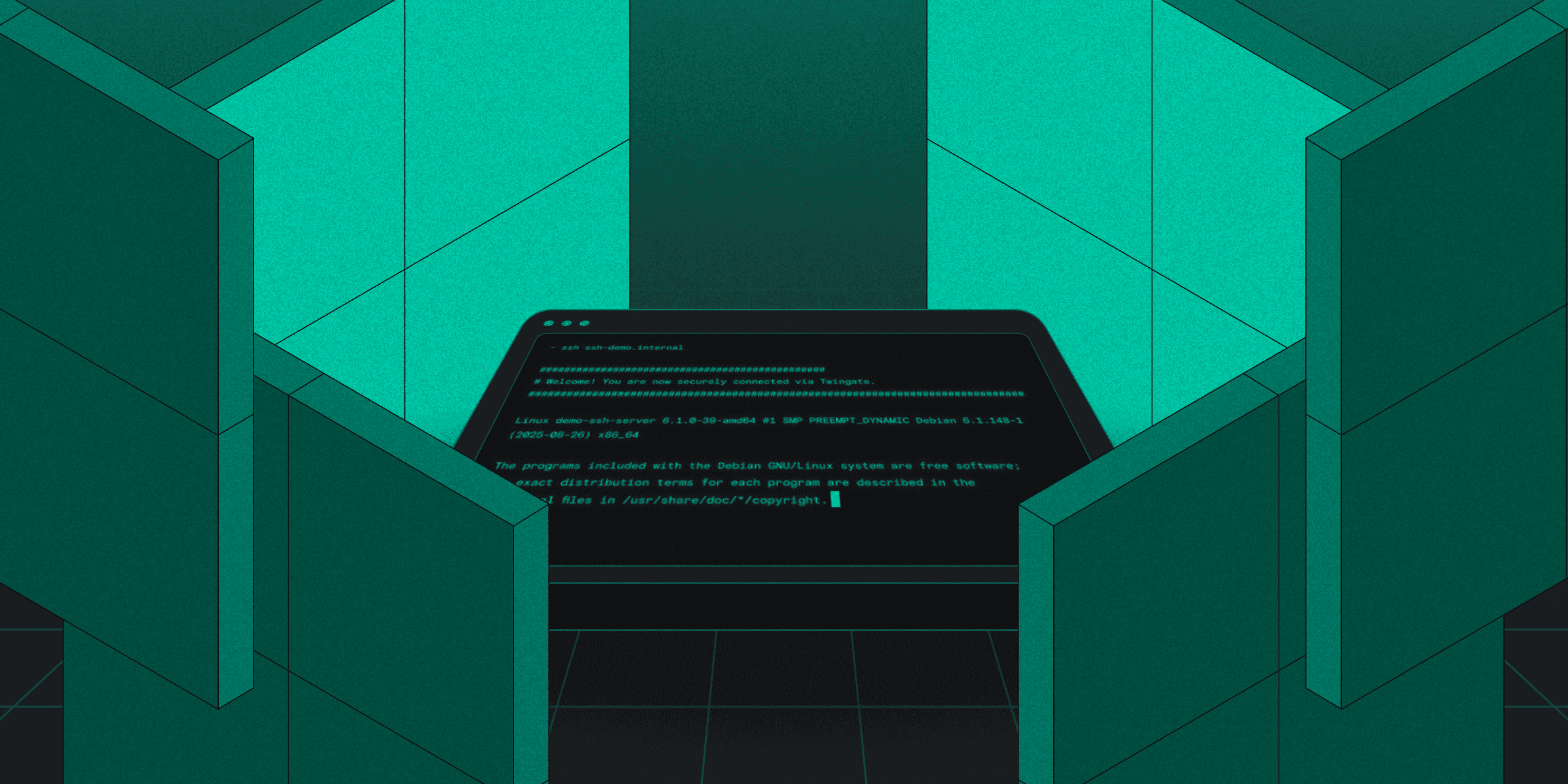Illustration of a terminal window on a dark background with a dark teal border
