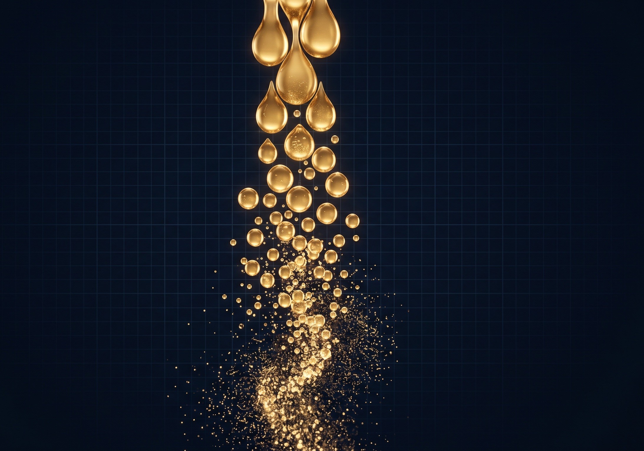 Golden droplets cascading from large teardrops to fine particles on a deep navy background, a visual metaphor for the three forms of fat transfer (macrofat for volume, microfat for facial contour, nanofat for skin and hair regeneration) used by Dr. Miguel Bravo at his Abu Dhabi practice.