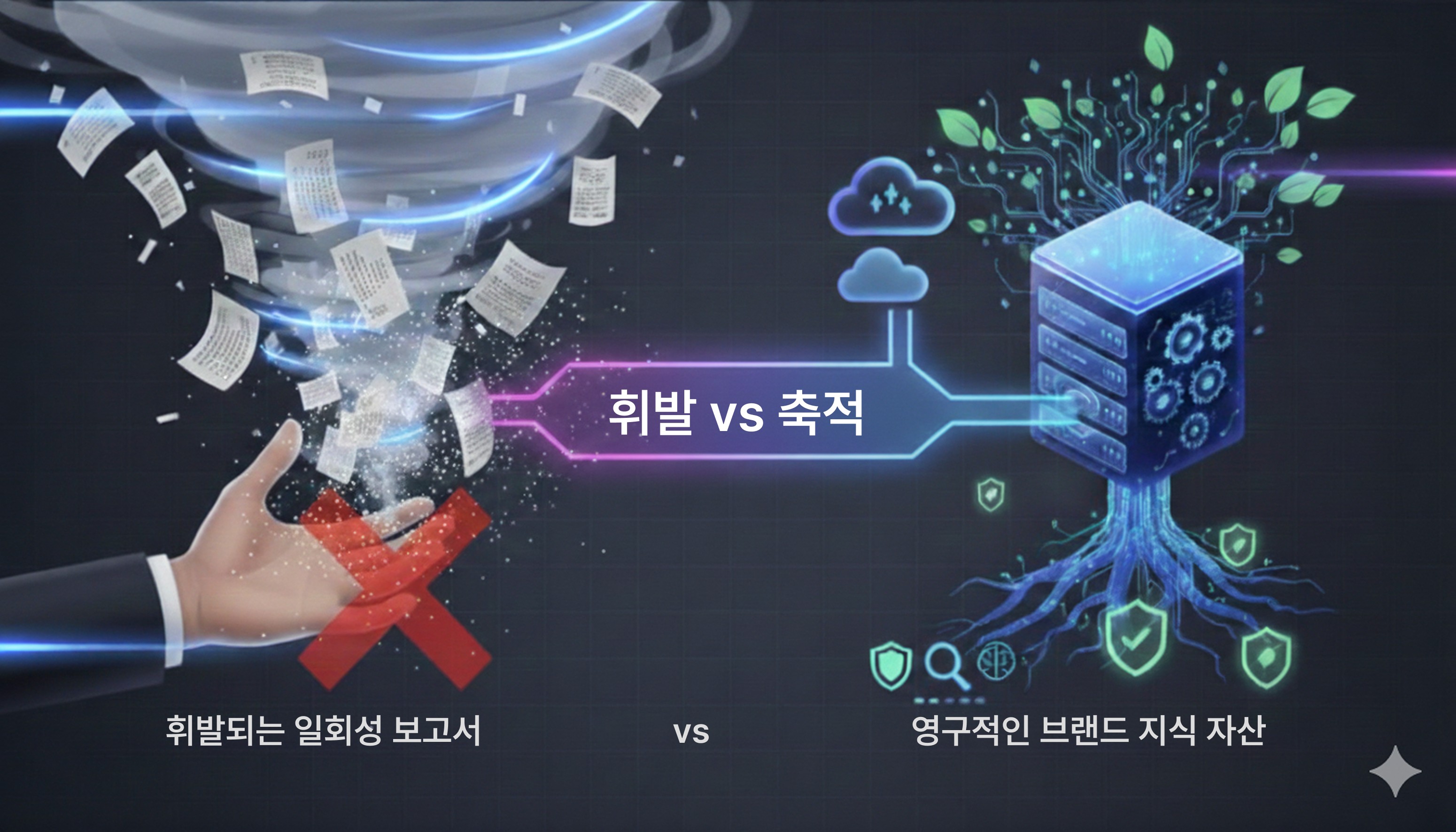 Comparison of a vanishing paper report and a growing data server tree with the text "Volatility vs Accumulation."