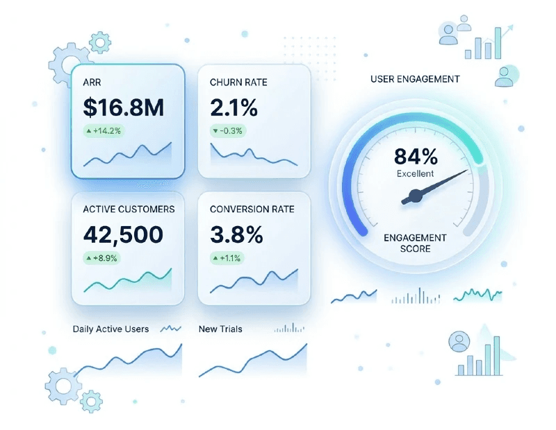 Gauge showing levels of user engagement, with tags for high and low engagement percentages.