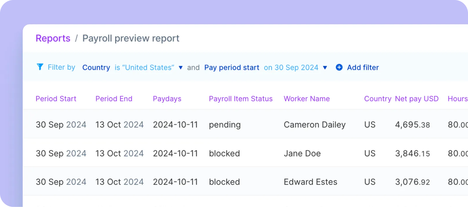 Screenshot of Plane’s Payroll Preview Report showing payroll period dates, worker names, payroll item status, and net pay amounts in USD. The example lists three employees with statuses pending or blocked. The section highlights additional platform improvements such as vendor-to-contractor conversion, faster batch payments, complex payroll support, off-cycle payrolls, compensation changes, improved filters, and more.