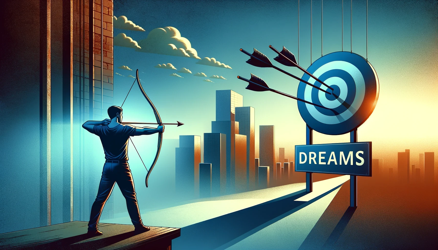 Man aims at 'Dreams' target, symbolizing DareAhead's focus on achieving goals