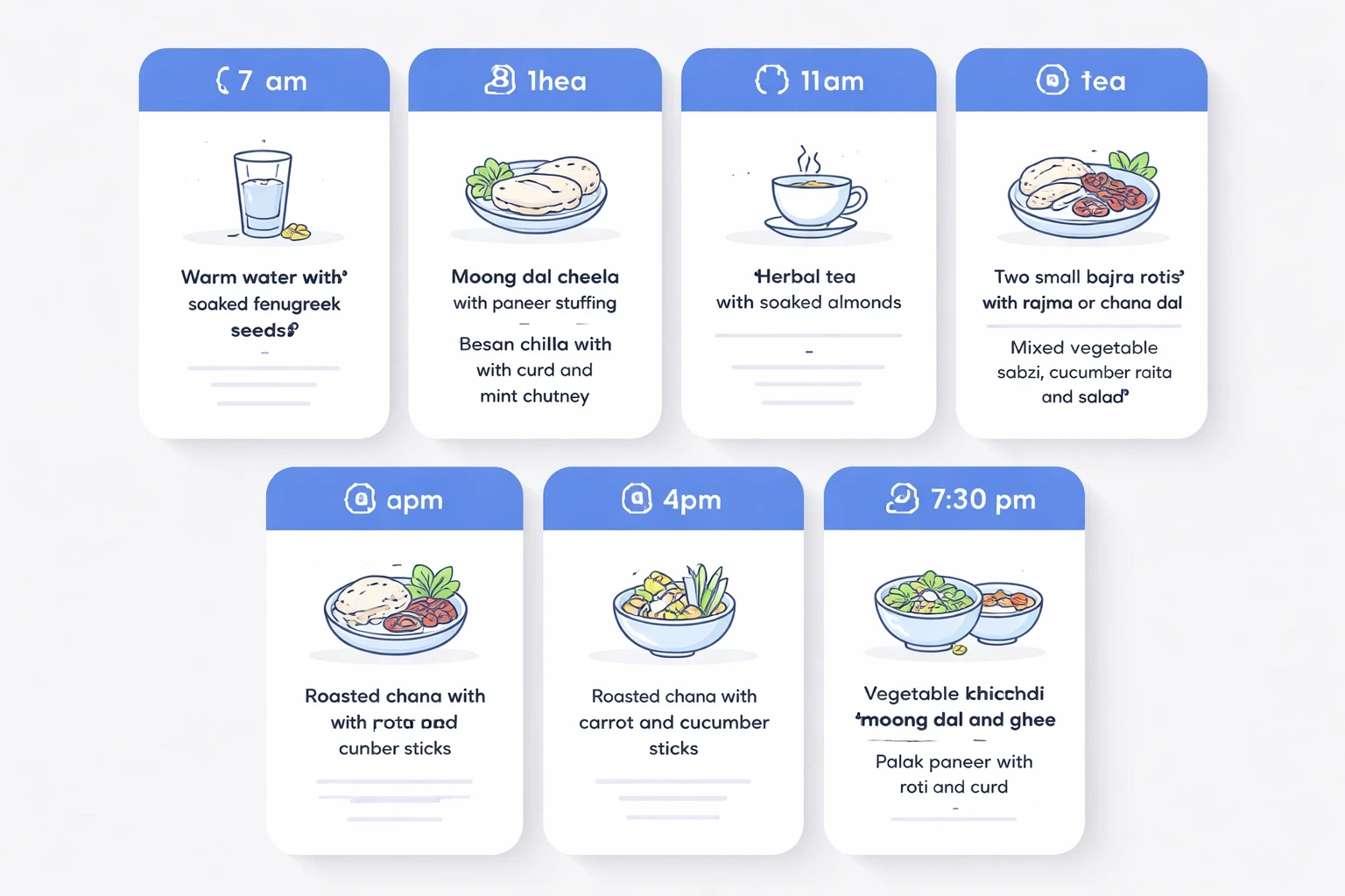 Modern card layout on a light gray background (#efefef) illustrating a 7‑day PCOS‑friendly Indian meal plan. Each card uses the accent blue (#3b82f6) for headings and icons, showing time slots (7 am, 8 am, 11 am, 1 pm, 4 pm, 7:30 pm) with corresponding meals like fenugreek water, moong dal cheela, herbal tea with almonds, bajra roti with rajma, roasted chana snack, and vegetable khichdi or palak paneer. Clean, contemporary design with subtle shadows and simple food illustrations.