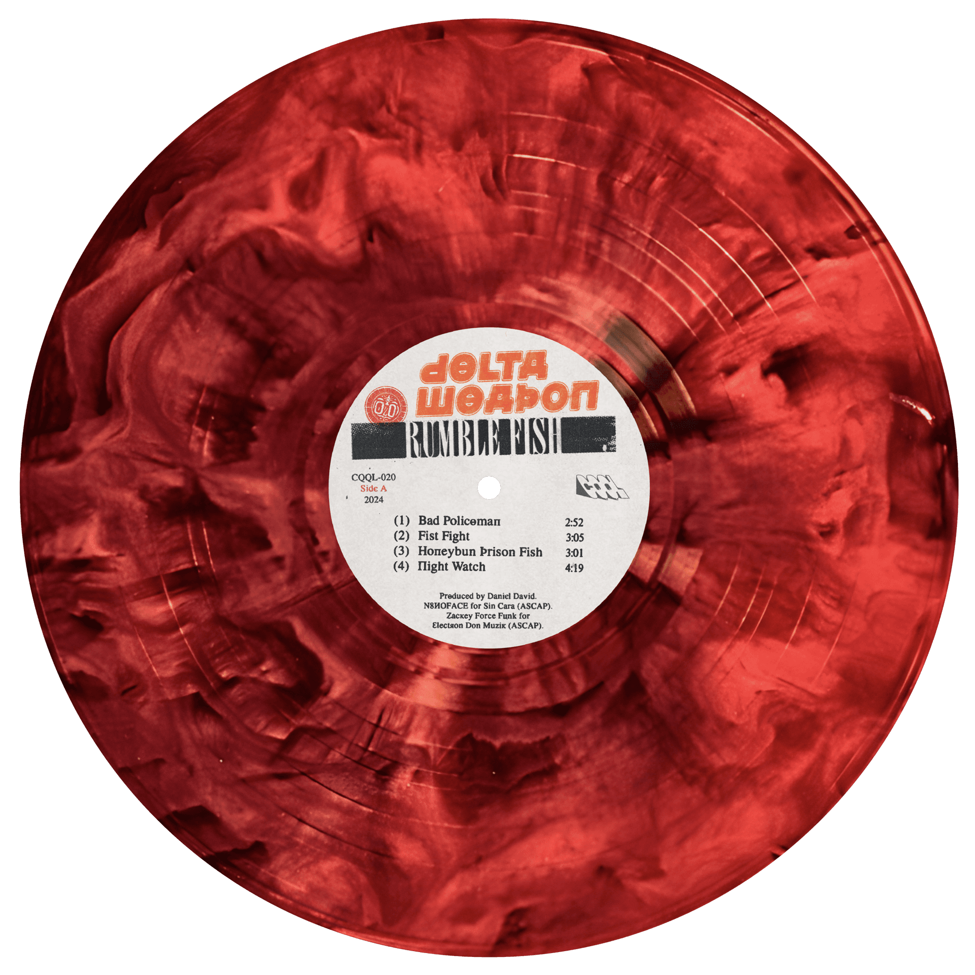 Red vinyl record with a label featuring text and a barcode on a white background