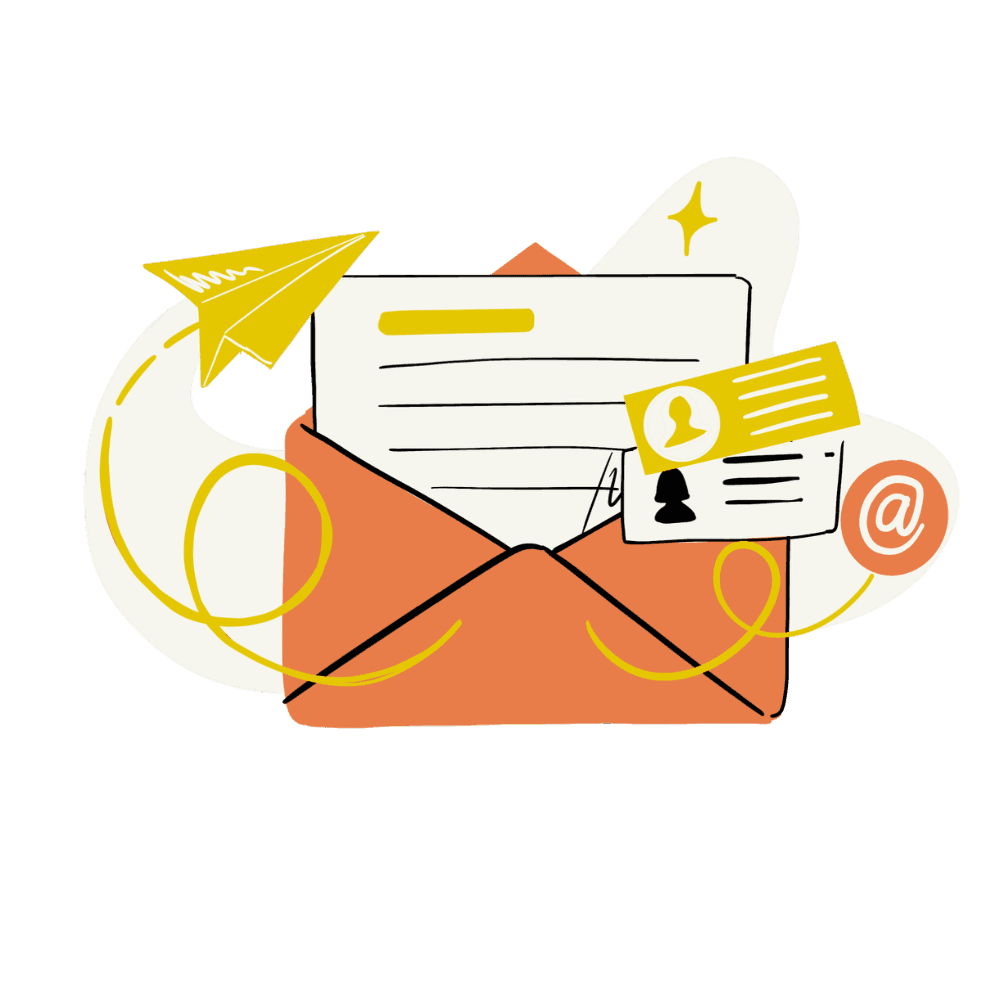 "Graphic representing email newsletter content: envelope with communication icons including documents, '@' symbol, and light bulb. Labeled 'Newsletter' on orange background—ideal for email marketing, content delivery, and subscriber engagement.