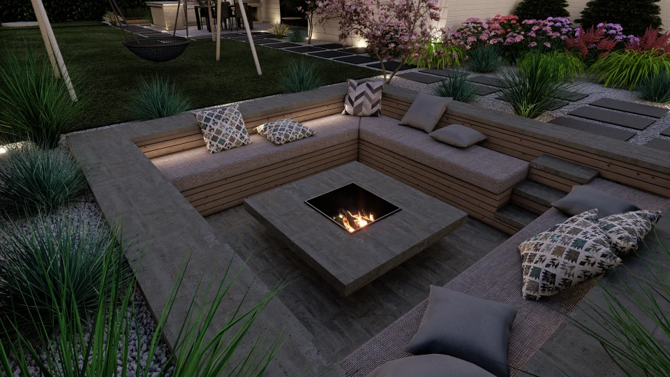 Modern outdoor patio with built-in concrete fire pit, bench seating, integrated lighting, potted plants, and hammock, captured during dusk with the fire pit providing light and warmth to the area.