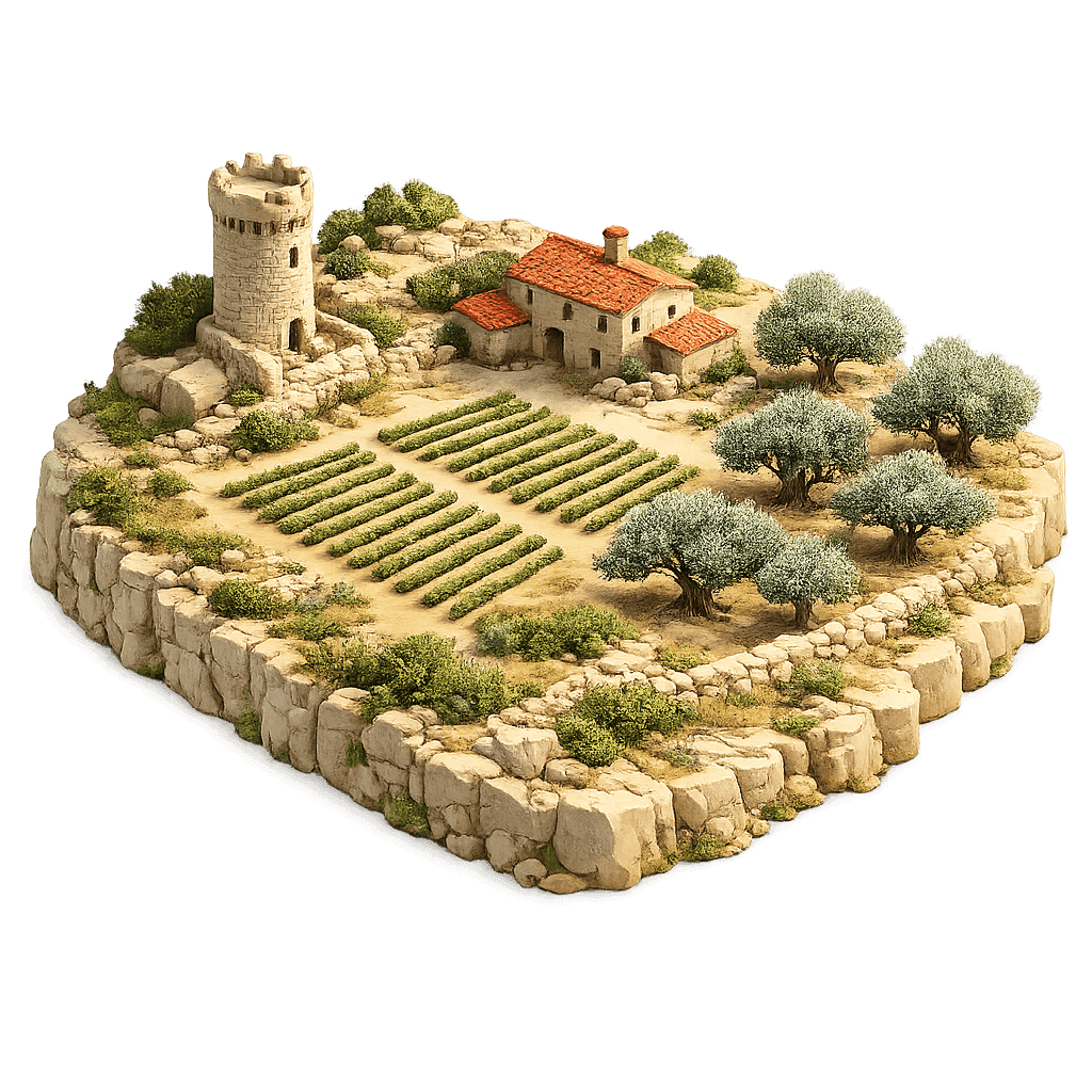 Artistic illustration of the Languedoc-Roussillon wine region.