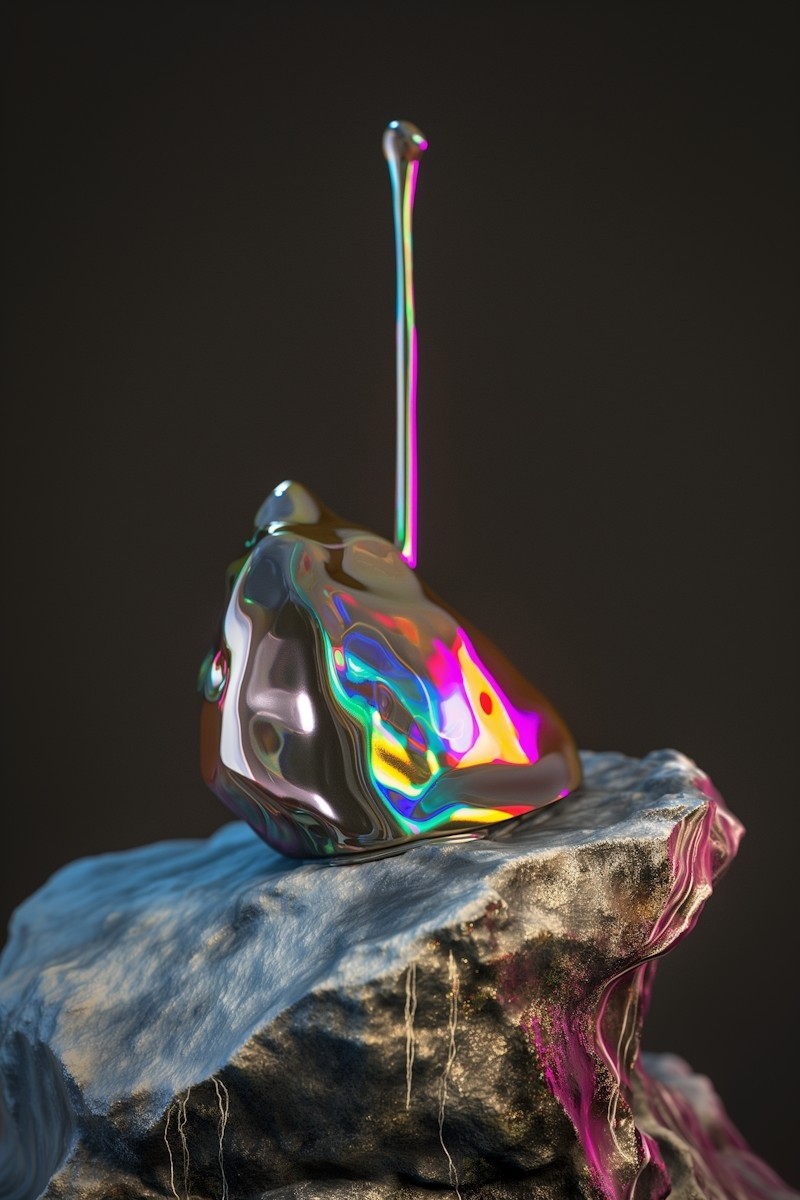 A reflective, metallic abstract sculpture with a colorful iridescent surface sits atop a textured, rocky pedestal against a dark background.