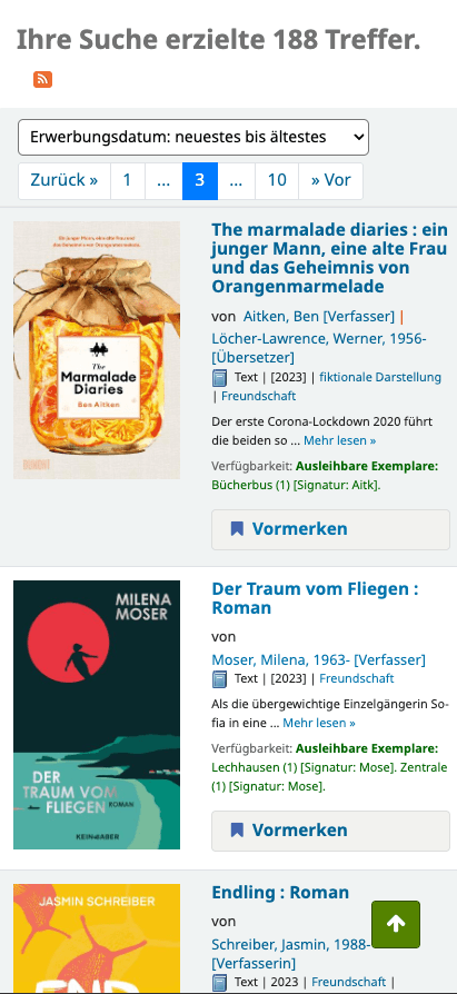 Screenshot einer mobilen Suchergebnisliste eines Bibliothekskatalogs mit Buchtiteln und Cover-Abbildungen, bei der oberhalb der Ergebnisse eine traditionelle Paginierungs-Leiste mit den Schaltflächen „Zurück“, den Seitenzahlen 1 bis 10 (wobei die Seite 3 blau hervorgehoben ist) und „Vor“ zur gezielten Navigation platziert ist