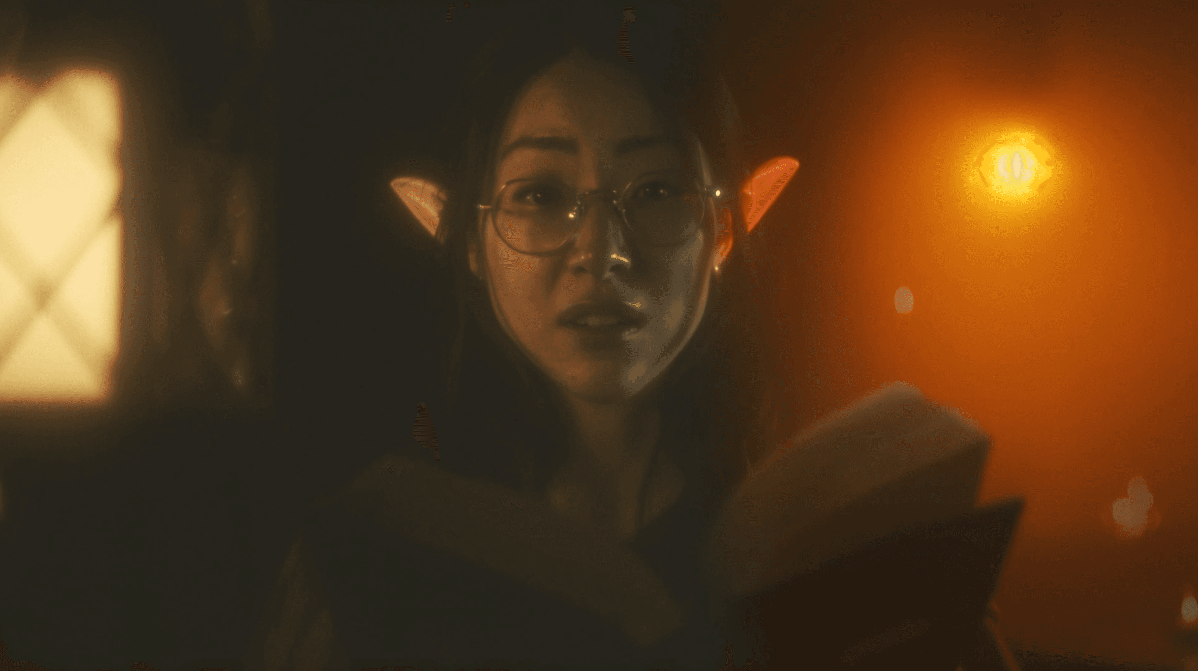Warm lamplit interior with a figure in elven dress.