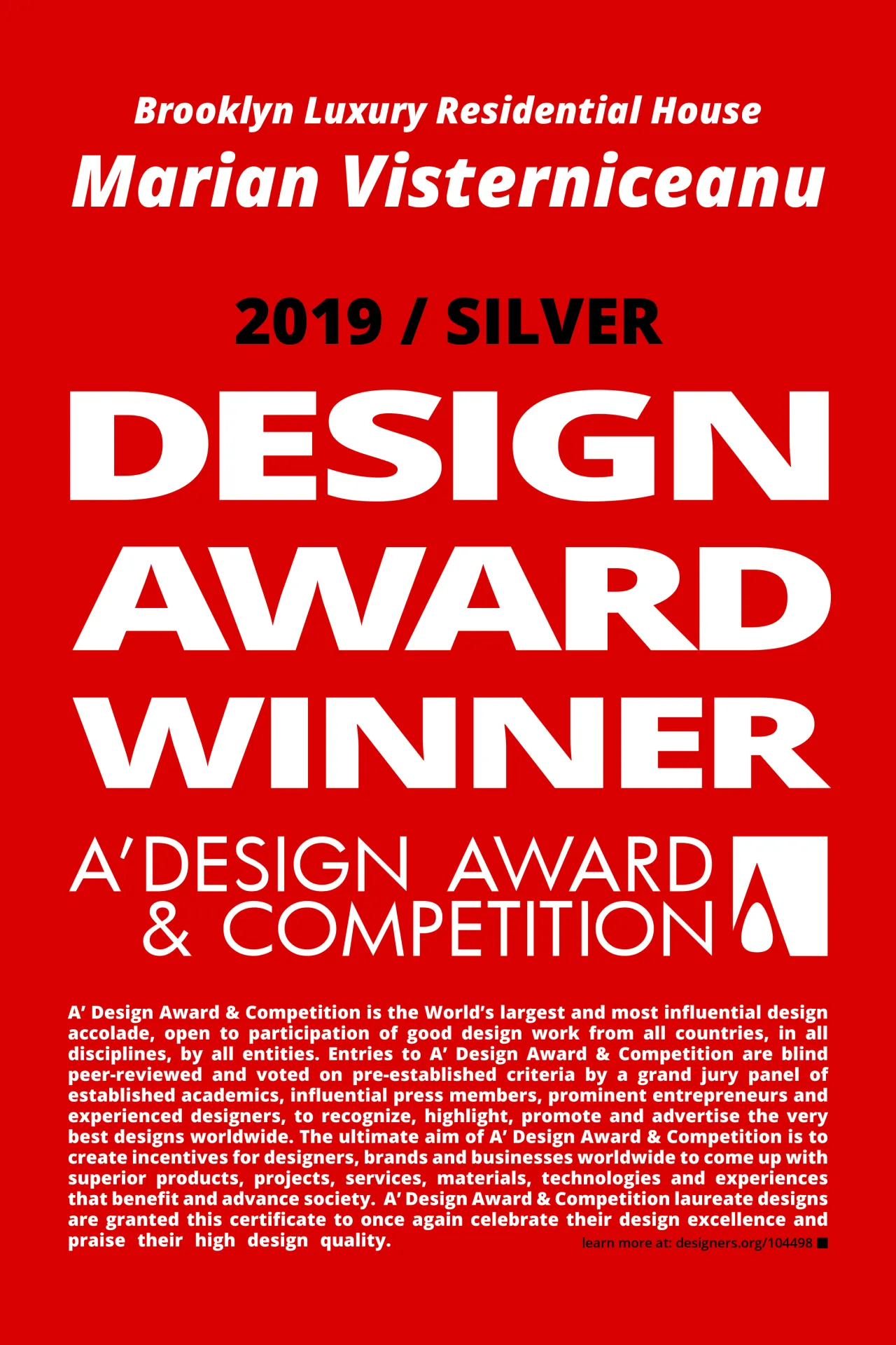 A’ Design Award Silver winner poster, Brooklyn Luxury Residential House by Marian Visterniceanu (Marian Vist)