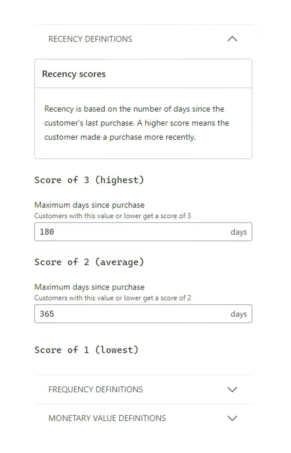 Klaviyo predictive models settings panel showing the Customize option used to adjust RFM weighting and maximum days since purchase