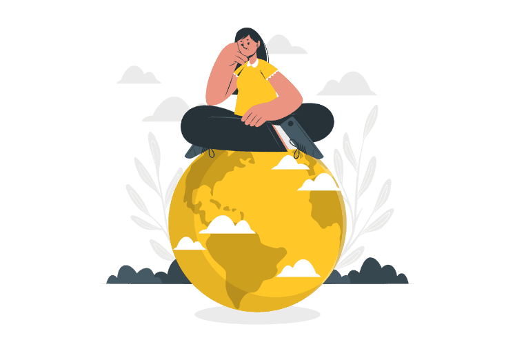 Illustration of a person sitting on a globe, symbolizing global oversight and strategy.