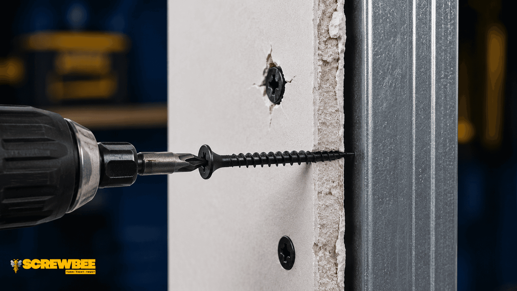 Black Zinc Drywall Screw being driven into gypsum board and metal framing