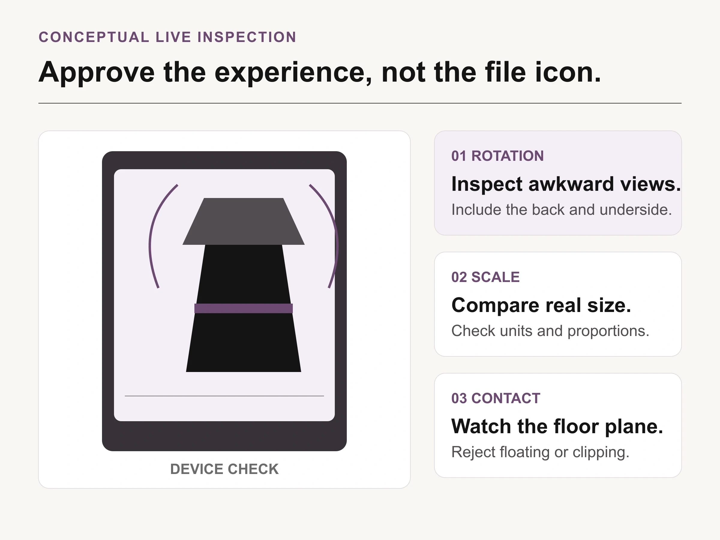 Conceptual mobile viewer with a faceted table lamp beside rotation, scale, and floor-contact checks