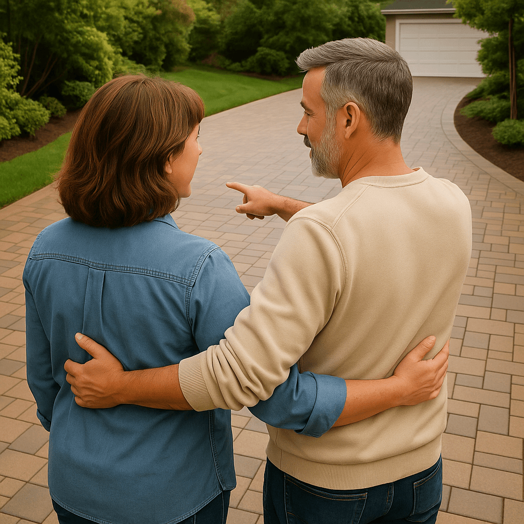 Husband and wife looking at their restored pavers