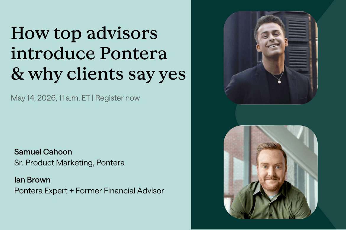 Webinar announcement with event details and two Pontera employees, representing advisor use of financial technology and client engagement processes.