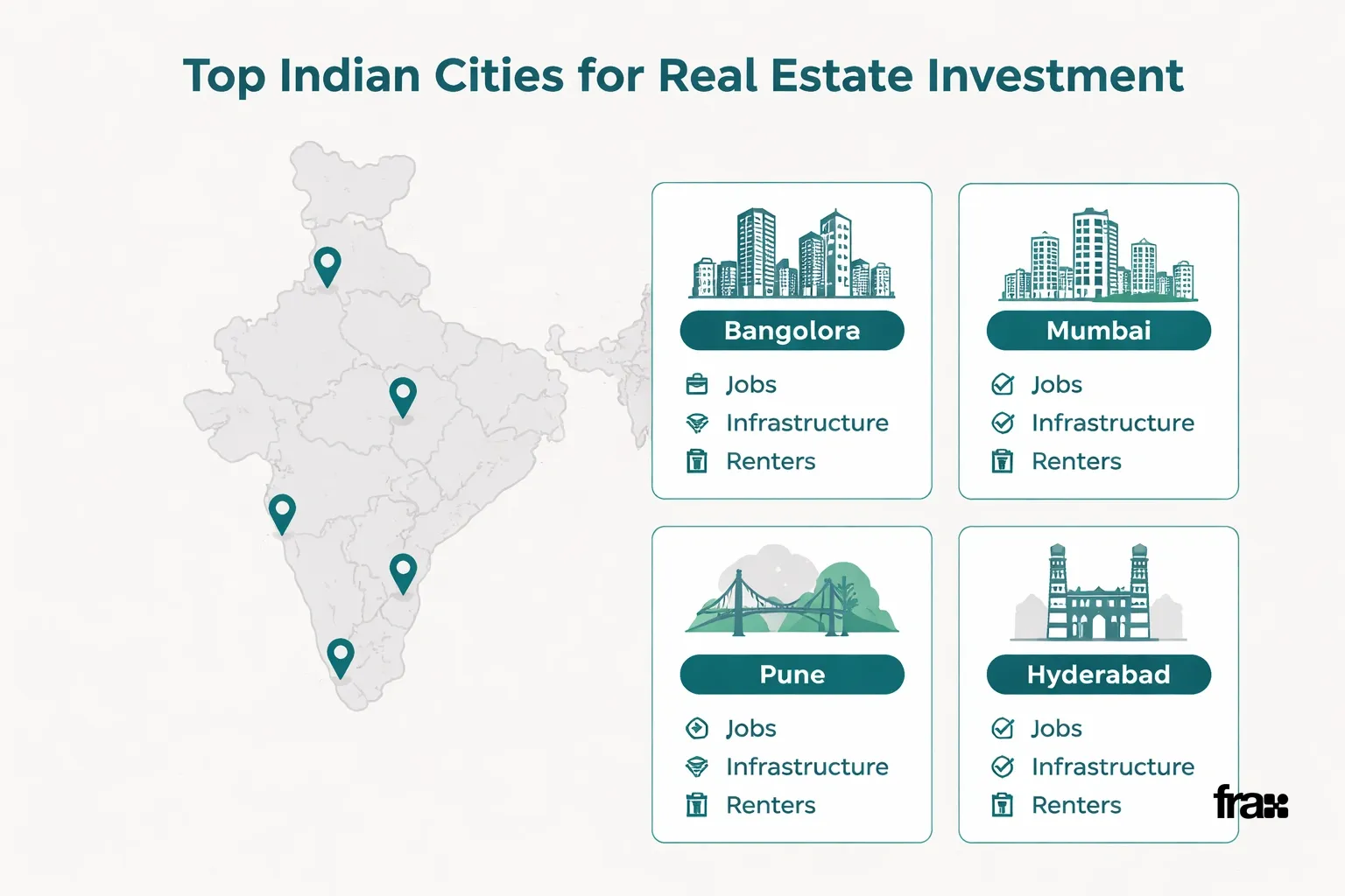 A minimalist illustration showing a grid of cards with icons and text detailing top Indian cities for real estate investment, set against a light grey background with a subtle map outline.